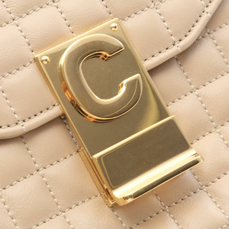 CELINE C 絎縫鏈條單肩包,米色皮革,二手,女士,金色五金-6
