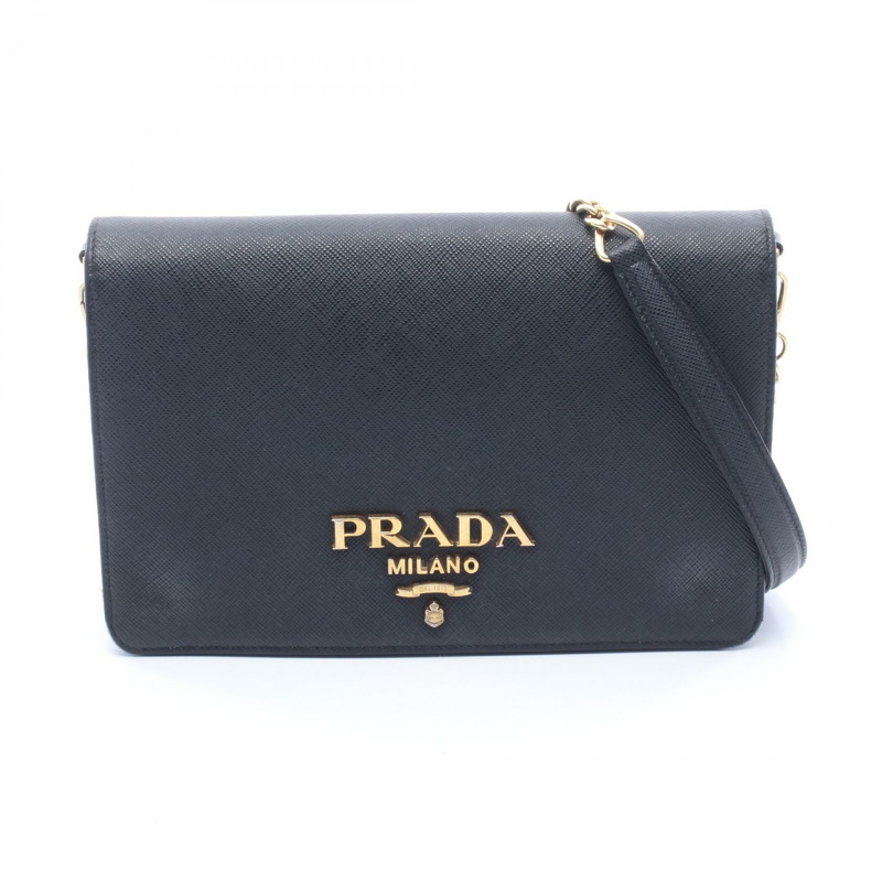 PRADA 黑色皮革鏈條單肩斜挎包，二手女款，金色五金配件，帶品牌標誌-0