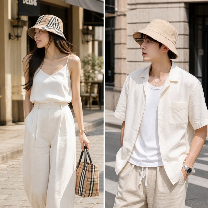 狀態良好 BURBERRY 經典條紋雙面漁夫帽 男女適用-1
