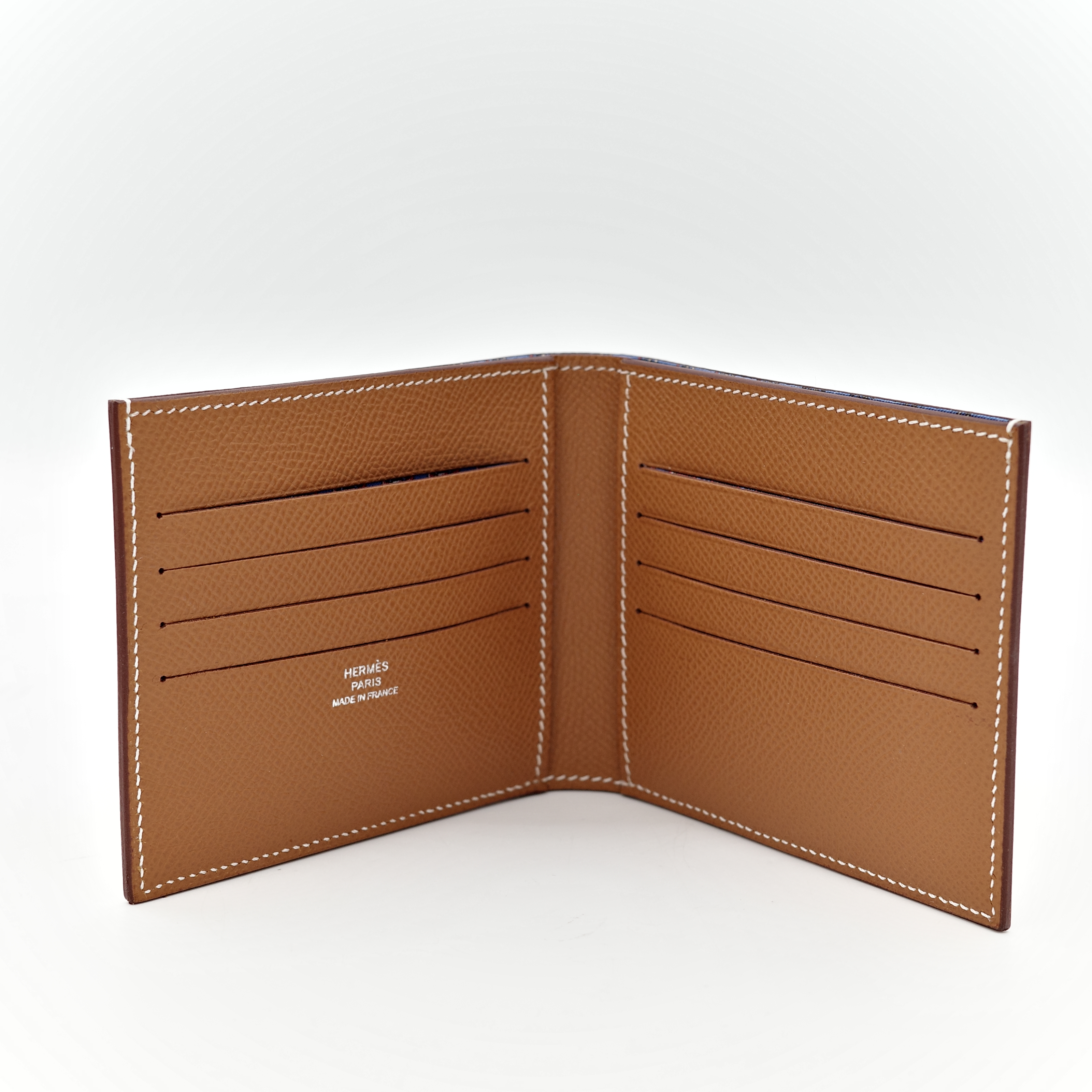 Hermès 愛馬仕 金棕 牛皮 兩折 短夾 絲巾內裡 U刻-4