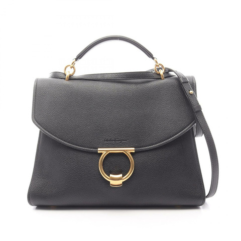 Salvatore Ferragamo Margot Gancini 黑色皮革單肩手提包，二手女款，金色五金配件