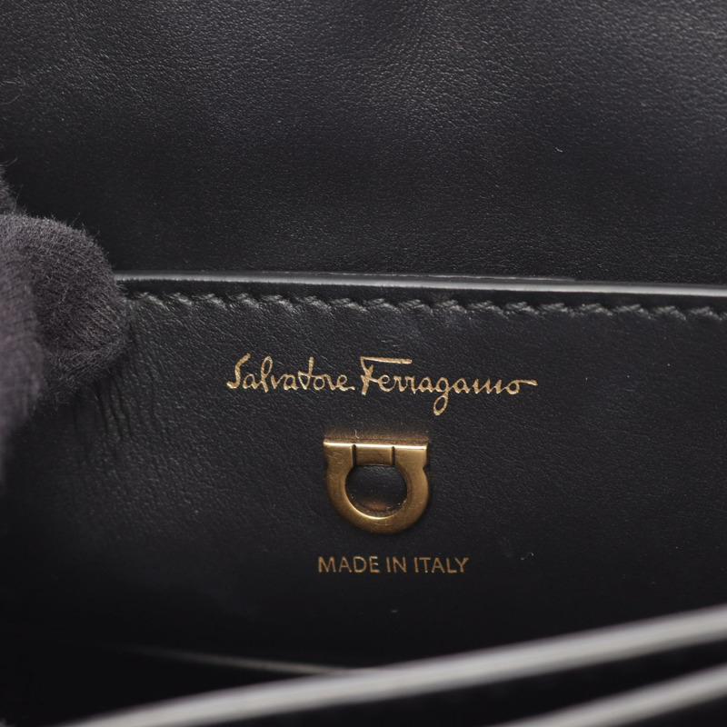 Salvatore Ferragamo Margot Gancini 黑色皮革單肩手提包,二手女款,金色五金配件-3