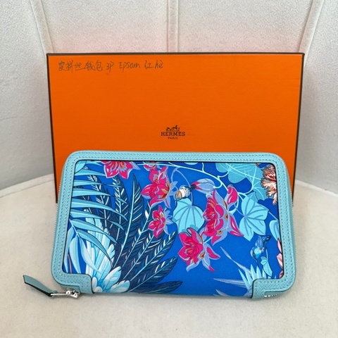 Hermes Flamingo Party Soie-Cool 藍色Epsom拼絲綢布長夾 XC501