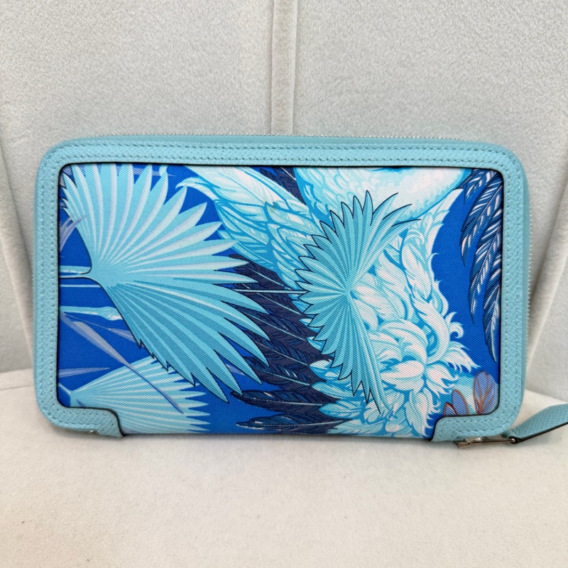 Hermes Flamingo Party Soie-Cool 藍色Epsom拼絲綢布長夾 XC501-4