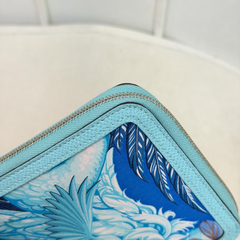 Hermes Flamingo Party Soie-Cool 藍色Epsom拼絲綢布長夾 XC501-12