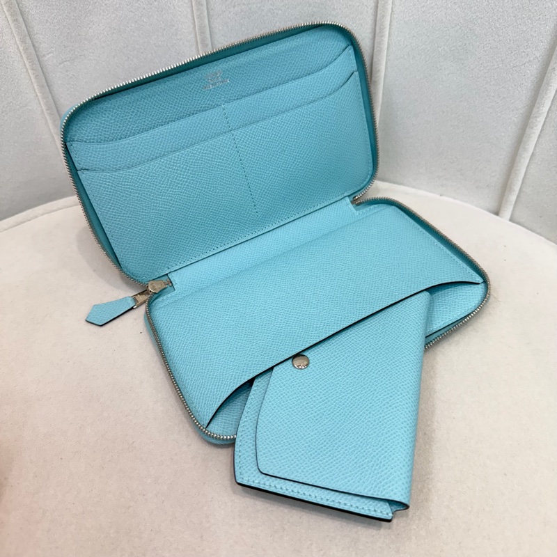 Hermes Flamingo Party Soie-Cool 藍色Epsom拼絲綢布長夾 XC501-19