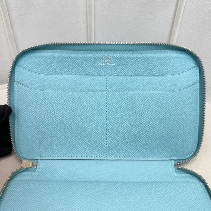 Hermes Flamingo Party Soie-Cool 藍色Epsom拼絲綢布長夾 XC501-21