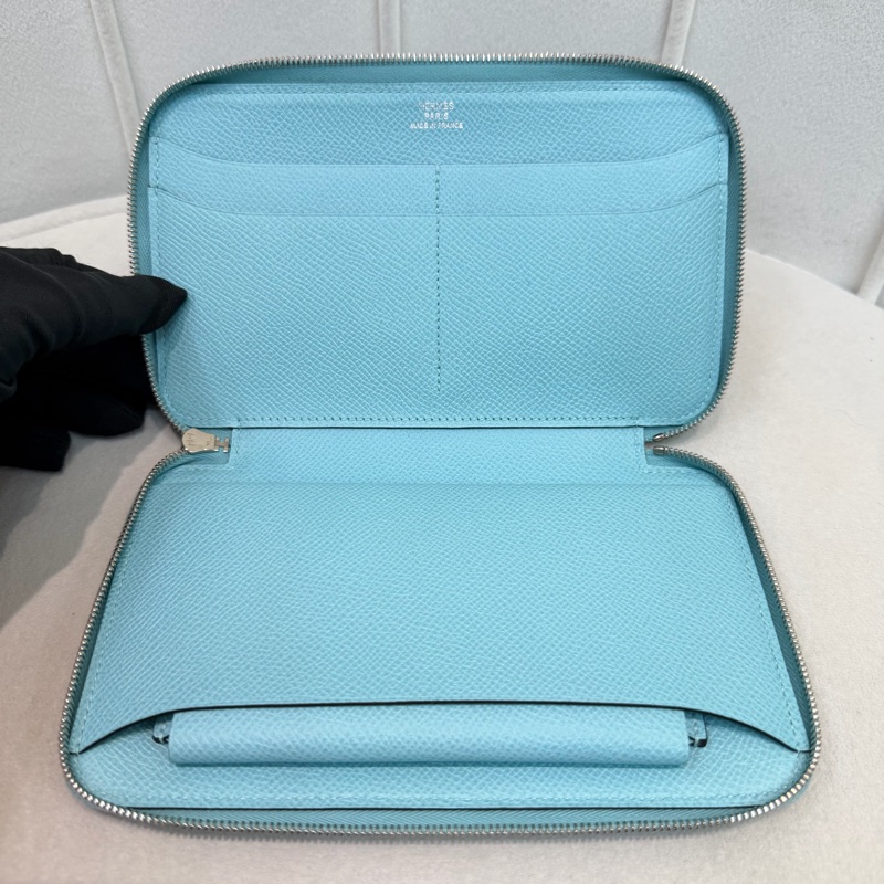 Hermes Flamingo Party Soie-Cool 藍色Epsom拼絲綢布長夾 XC501-38