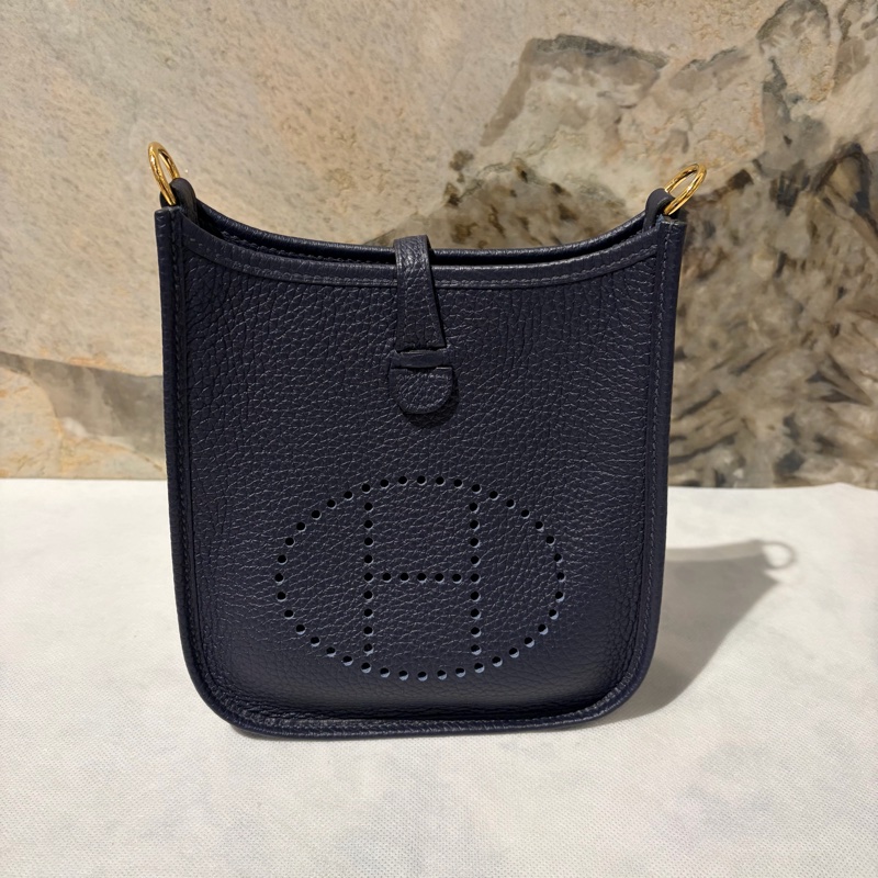 Hermes 藍金釦 Mini Evelyne 格紋背帶-0