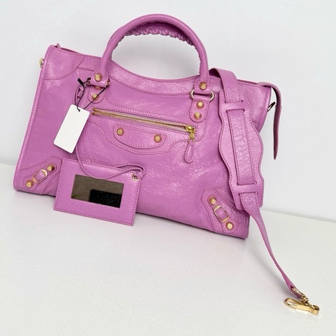 【近新閒置品】Balenciaga 巴黎世家 中號classic city 金扣香芋紫油蠟皮機車包手提包