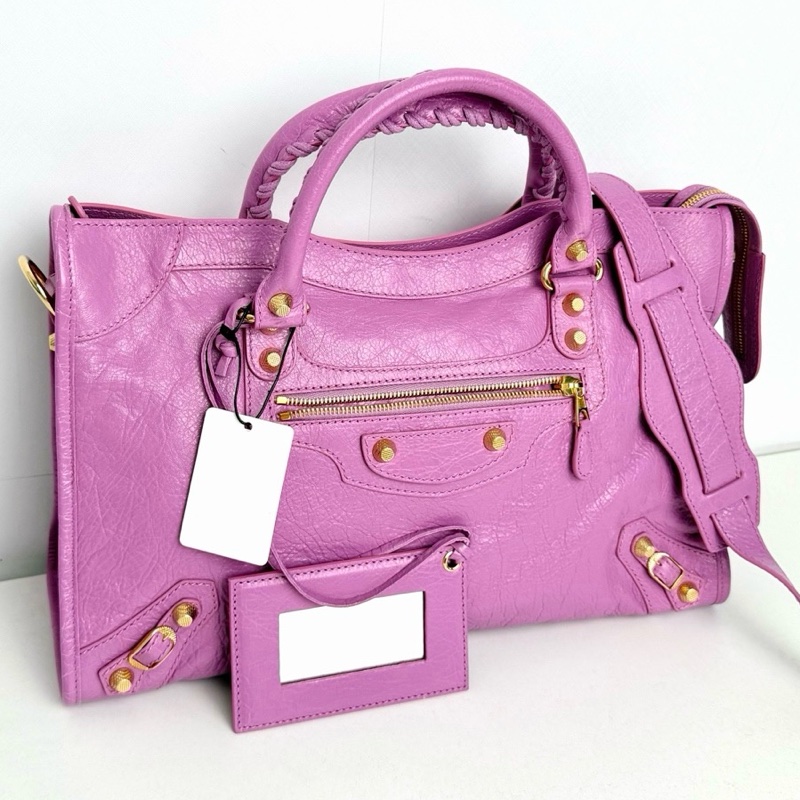 【近新閒置品】Balenciaga 巴黎世家 中號classic city 金扣香芋紫油蠟皮機車包手提包-1