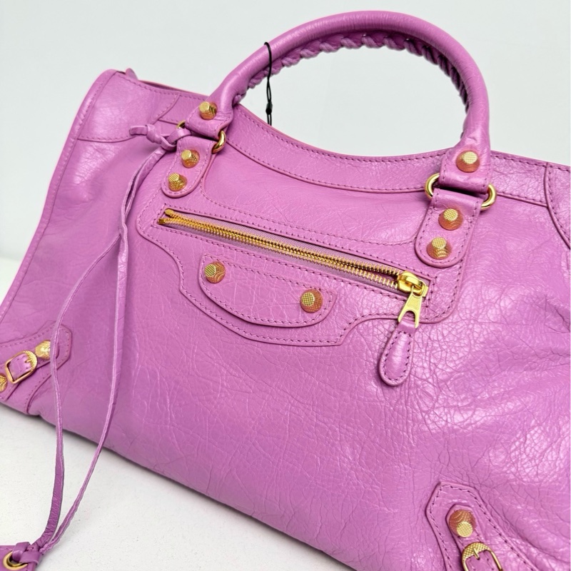 【近新閒置品】Balenciaga 巴黎世家 中號classic city 金扣香芋紫油蠟皮機車包手提包-4
