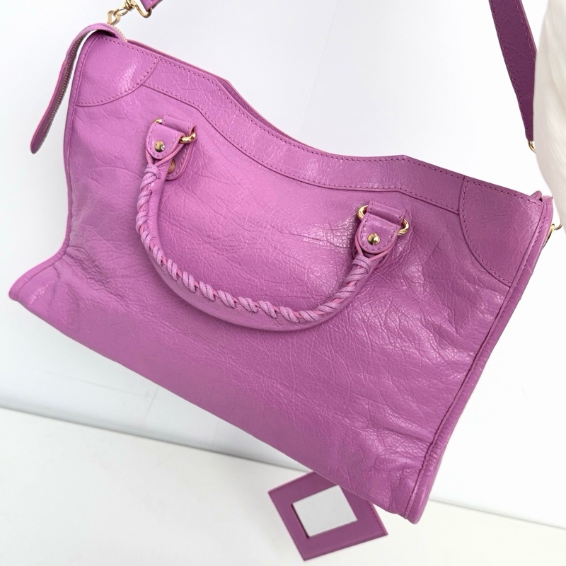 【近新閒置品】Balenciaga 巴黎世家 中號classic city 金扣香芋紫油蠟皮機車包手提包-5