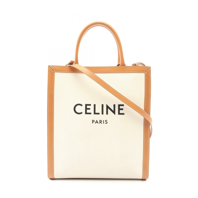 CELINE 小號筆電 Cabas 單肩斜背手提包，帆布皮革材質，白色-0