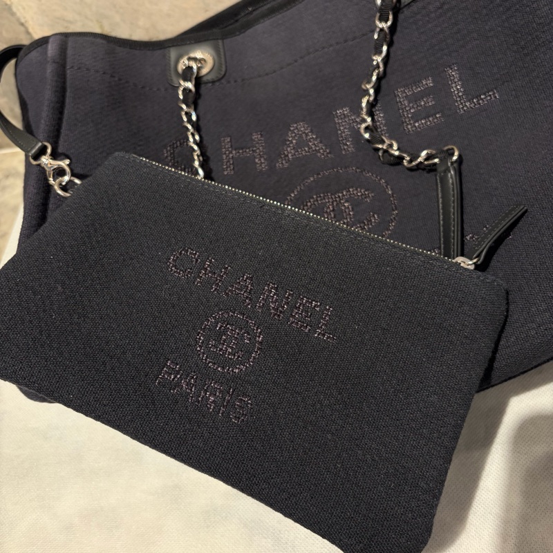 Chanel黑藍色織布沙灘包-9