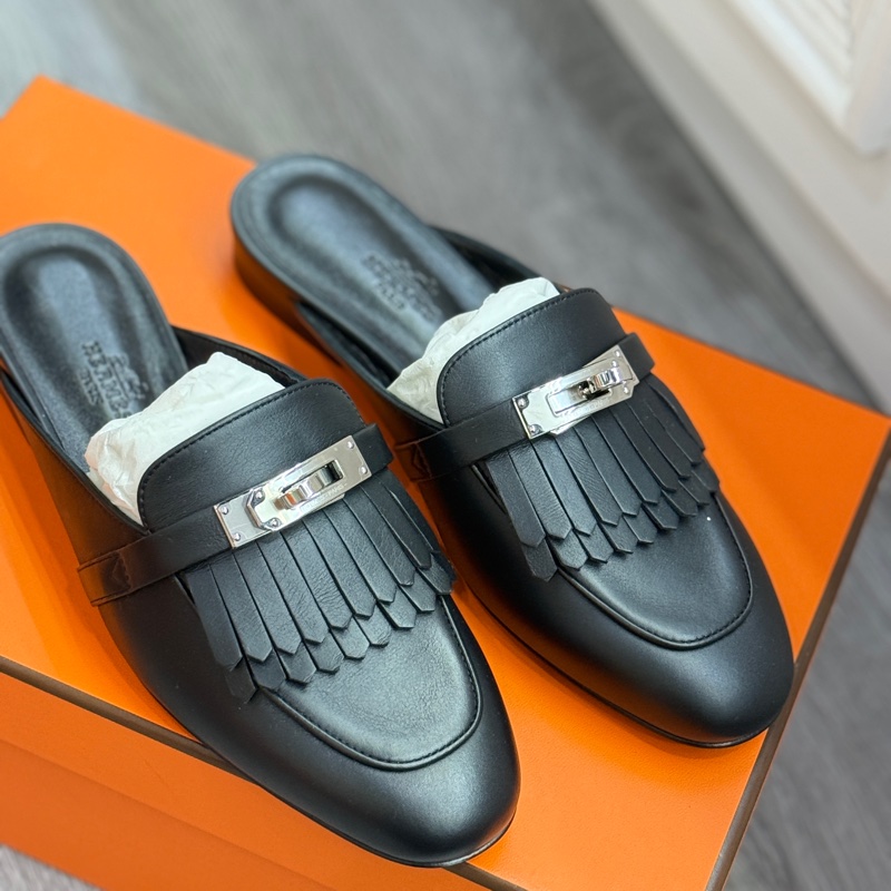 未使用品 Hermes 愛馬仕Kelly流蘇穆勒拖鞋 黑銀 35碼-1