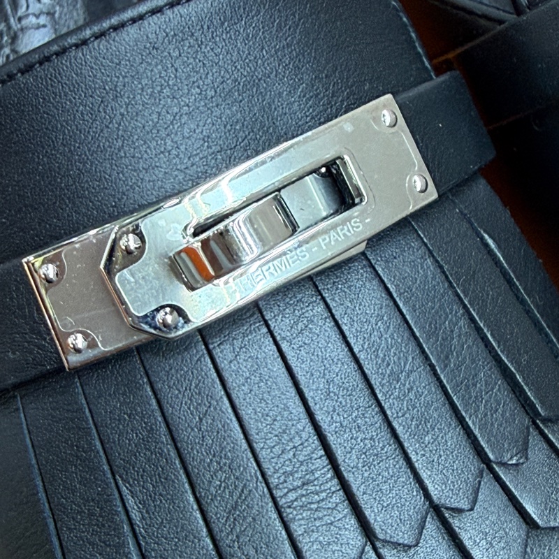 未使用品 Hermes 愛馬仕Kelly流蘇穆勒拖鞋 黑銀 35碼-5