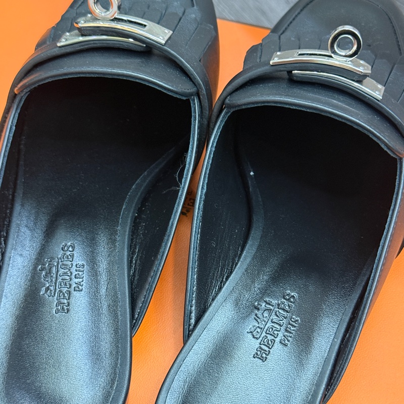 未使用品 Hermes 愛馬仕Kelly流蘇穆勒拖鞋 黑銀 35碼-7
