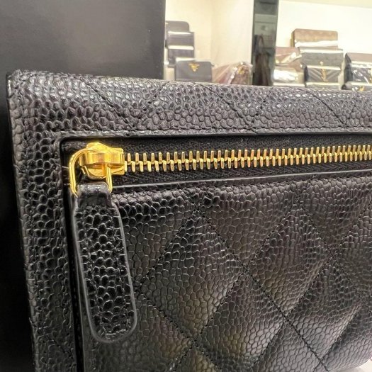 東區正精品㊣ CHANEL AP0231 香奈兒黑色荔枝皮牛皮金釦釦式後零錢袋中短夾 RZ6437-5