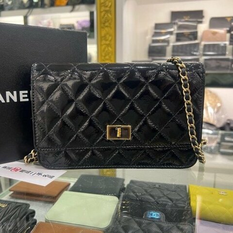 東區正精品㊣CHANEL 2.55 WOC 香奈兒黑色漆皮金鍊方扣肩背包晚宴包斜背包 RZ6438