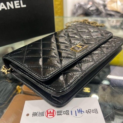 東區正精品㊣CHANEL 2.55 WOC 香奈兒黑色漆皮金鍊方扣肩背包晚宴包斜背包 RZ6438-4
