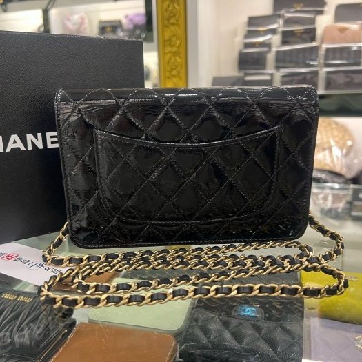 東區正精品㊣CHANEL 2.55 WOC 香奈兒黑色漆皮金鍊方扣肩背包晚宴包斜背包 RZ6438-6