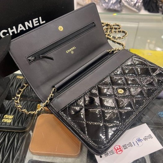 東區正精品㊣CHANEL 2.55 WOC 香奈兒黑色漆皮金鍊方扣肩背包晚宴包斜背包 RZ6438-9