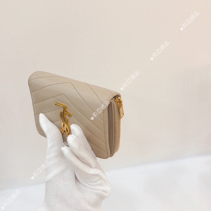 莉亞精品♡ Ysl 奶茶金短夾 二手美品-10