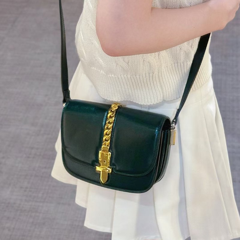 Gucci sylvie 1969 金扣 mini 馬鞍包 墨綠色18*14cm 98新配件塵袋-0