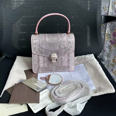 Bvlgari 情人節限定 Serpenti Forever系列水蛇皮風琴包蛇頭包 手提肩背斜背包18*16 99新配件塵袋、保卡 鏡子