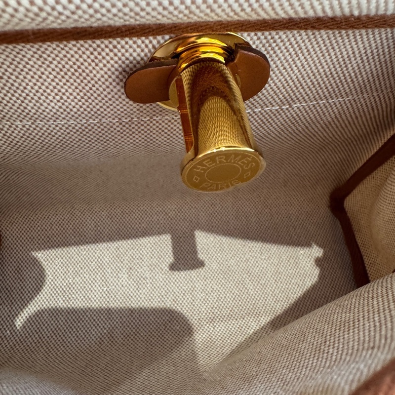 98新 Hermes 愛馬仕 mini herbag 金棕拼帆布米白 金扣 W刻-7