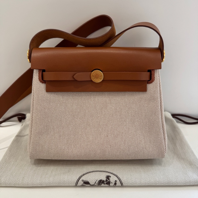98新 Hermes 愛馬仕 mini herbag 金棕拼帆布米白 金扣 W刻-9