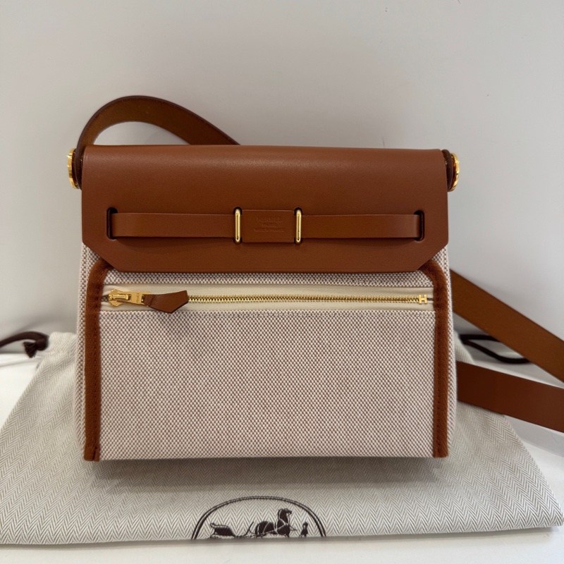 98新 Hermes 愛馬仕 mini herbag 金棕拼帆布米白 金扣 W刻-10