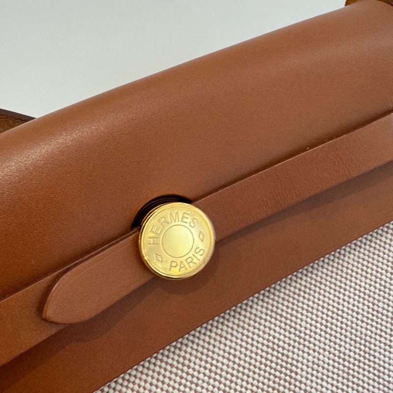 98新 Hermes 愛馬仕 mini herbag 金棕拼帆布米白 金扣 W刻-13