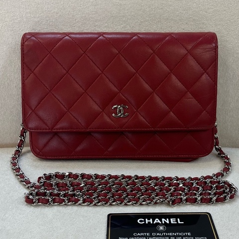 CHANEL 香奈兒 發財WOC鏈條包 紅色銀扣羊皮
