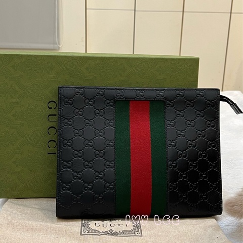 GUCCI 475316 黑色壓紋皮 綠紅綠 手拿包 正品 二手精品