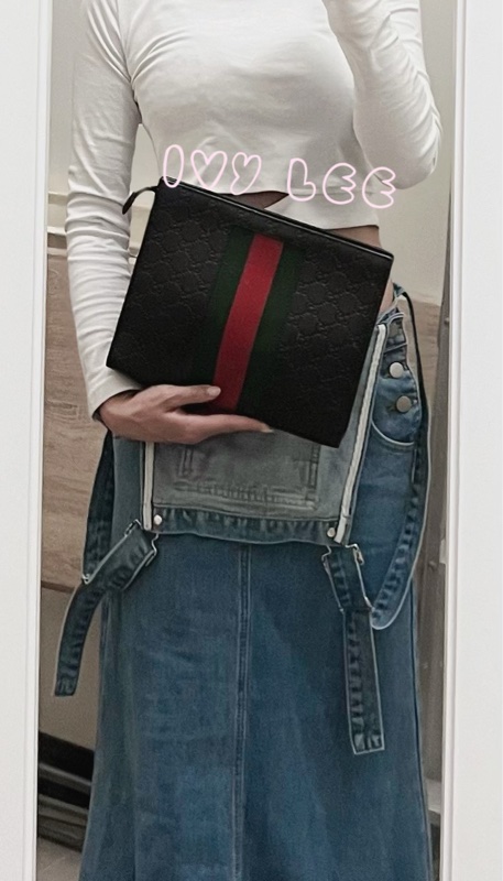 GUCCI 475316 黑色壓紋皮 綠紅綠 手拿包 正品 二手精品-2