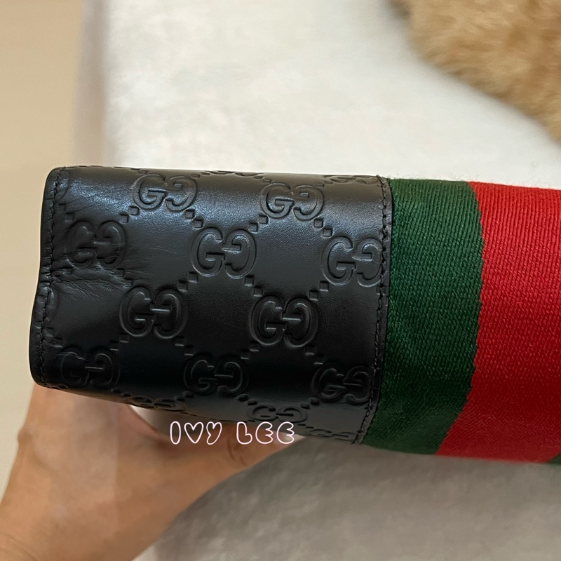 GUCCI 475316 黑色壓紋皮 綠紅綠 手拿包 正品 二手精品-16
