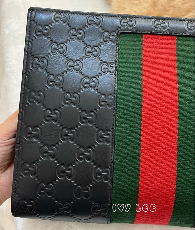 GUCCI 475316 黑色壓紋皮 綠紅綠 手拿包 正品 二手精品-19