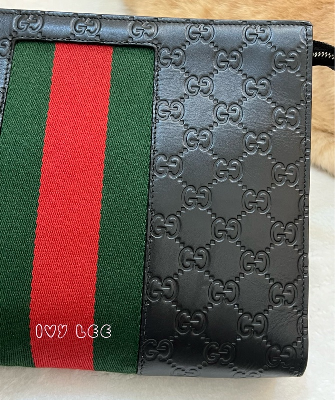 GUCCI 475316 黑色壓紋皮 綠紅綠 手拿包 正品 二手精品-20