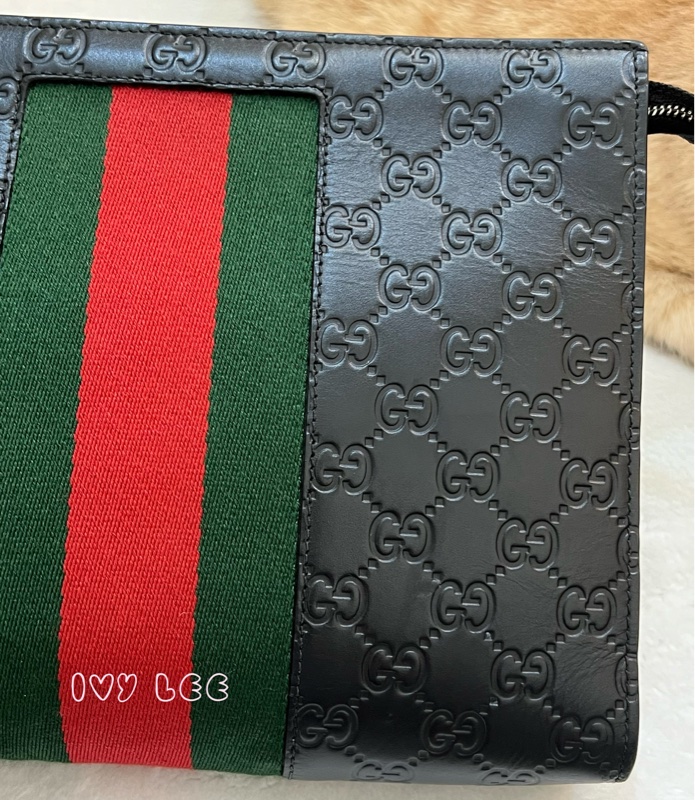 GUCCI 475316 黑色壓紋皮 綠紅綠 手拿包 正品 二手精品-21