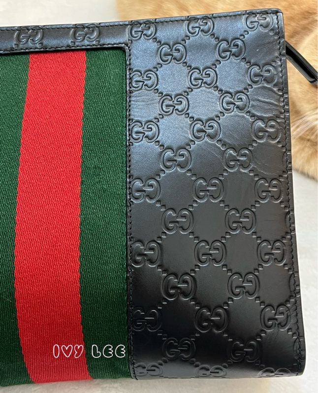 GUCCI 475316 黑色壓紋皮 綠紅綠 手拿包 正品 二手精品-22