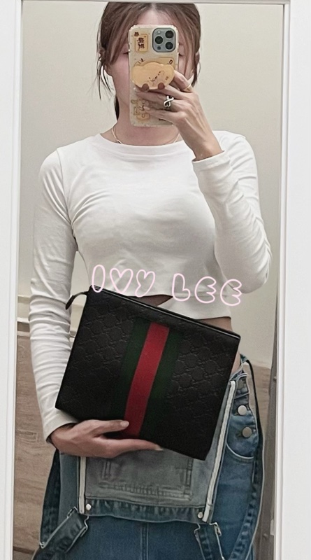 GUCCI 475316 黑色壓紋皮 綠紅綠 手拿包 正品 二手精品-23