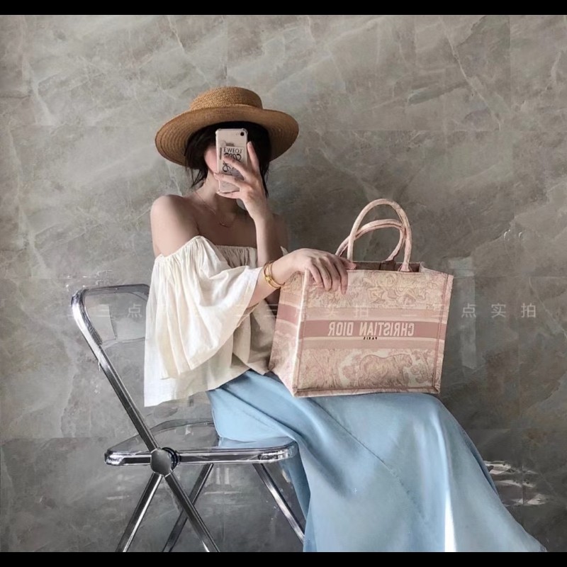 Dior 經典中號 Book Tote 粉色印花刺繡托特包 手提包-0