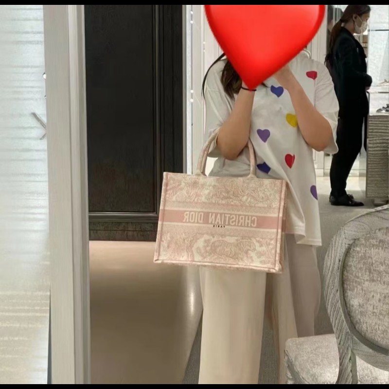 Dior 經典中號 Book Tote 粉色印花刺繡托特包 手提包-4