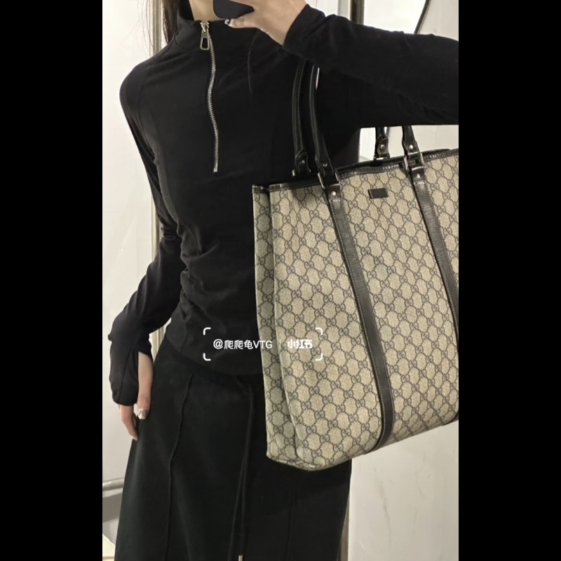 Gucci 古馳 GG logo 老花帆布拼皮革 托特包 肩背包 手提包-3