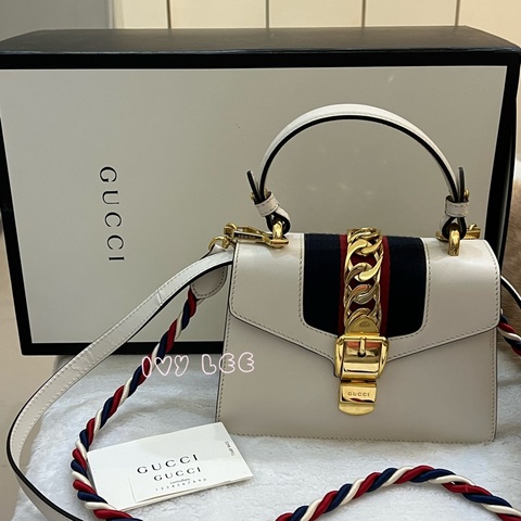 Gucci Sylvie迷你皮革手提包 斜背包 雙揹帶 白色 470270 正品 二手精品