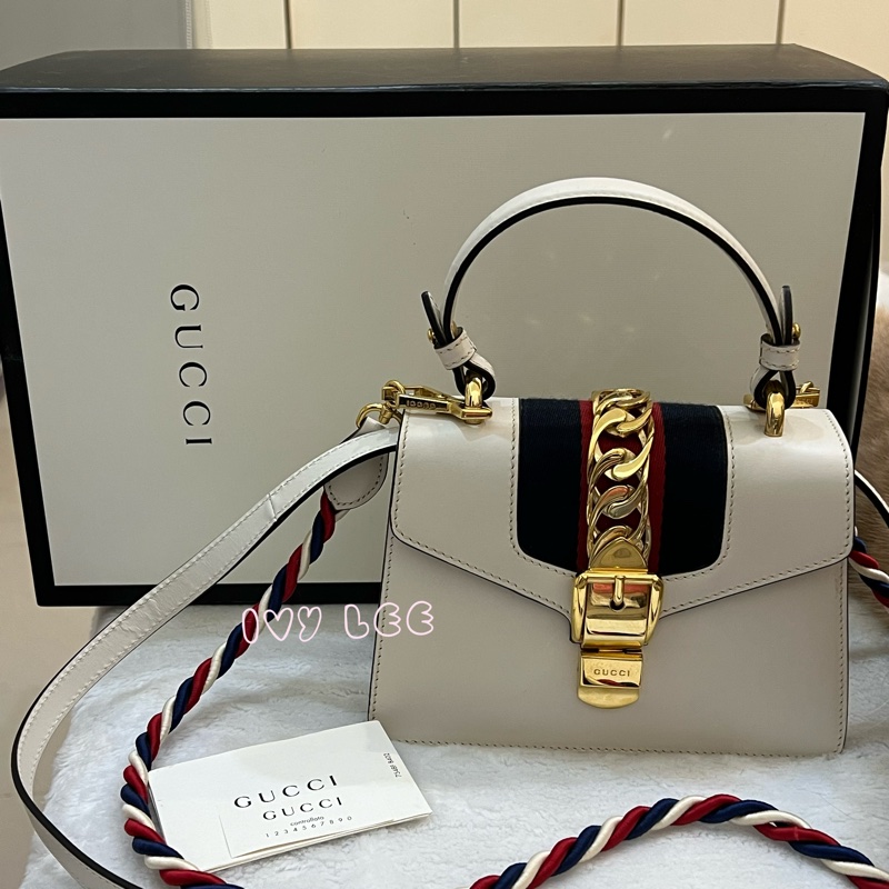 Gucci Sylvie迷你皮革手提包 斜背包 雙揹帶 白色 470270 正品 二手精品-0