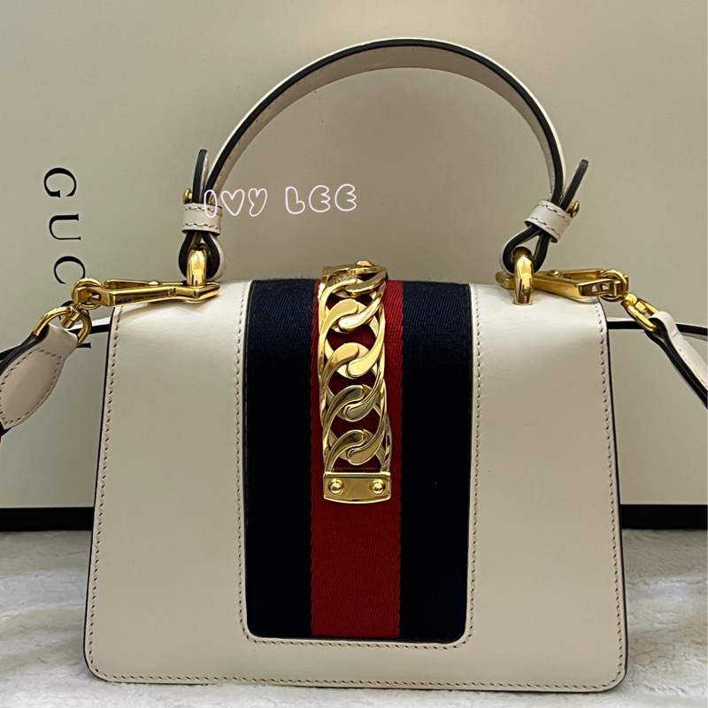 Gucci Sylvie迷你皮革手提包 斜背包 雙揹帶 白色 470270 正品 二手精品-1