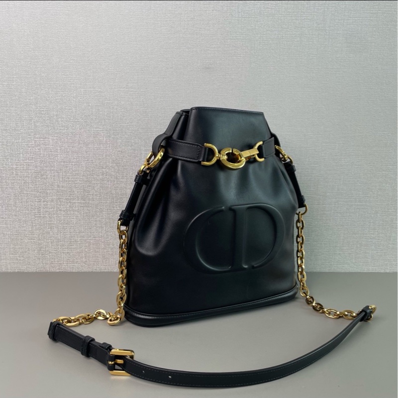 優雅百搭😎99新🆕Dior迪奧黑金牛皮C'est系列大CDlogo水桶包手提包單肩斜挎包-11